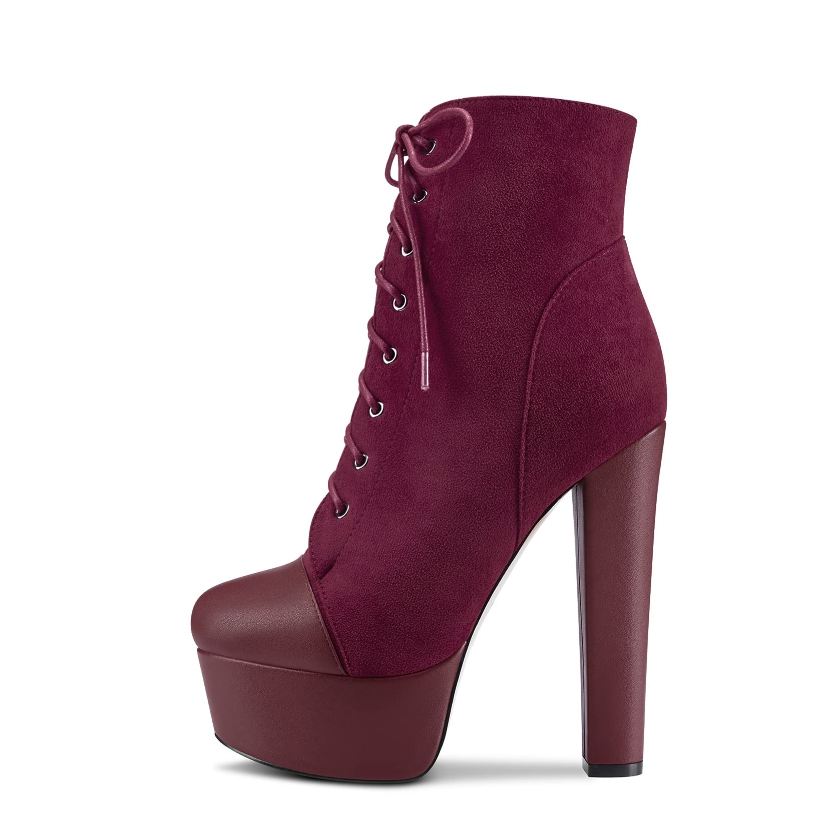 DearOnly Women Chunky Block Platform High Heel Round Toe Ankle Boots Short Bootie Zipper Party Cute Boots Burgundy Wine Red