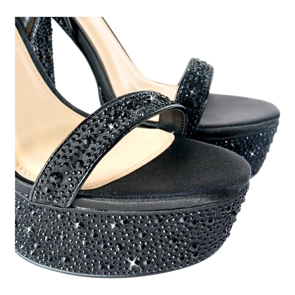 Liliana Womens Rhinestones Ankle Strap Chunky High Heels Sandals Fabiosa Black