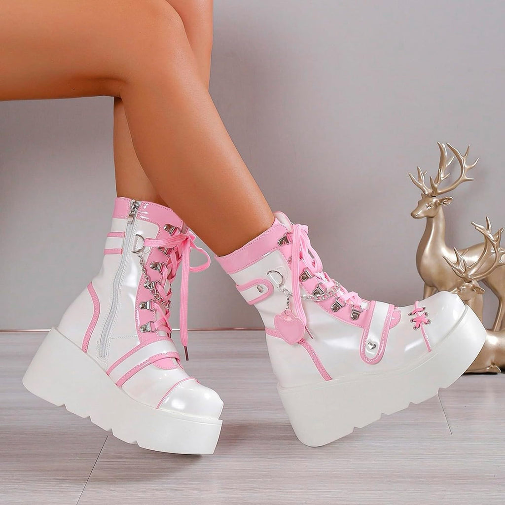XYKHUI Goth Platform Buckle Boots for Women's Chunky High Heel Lace Up Punk Motorcycle Combat Boots with Chain Pink