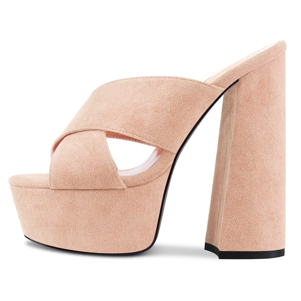 Castamere Women High Chunky Block Platform Heel Peep Open Toe Slip-on Sandals Casual Dress 5.9 Inches Heels Beige
