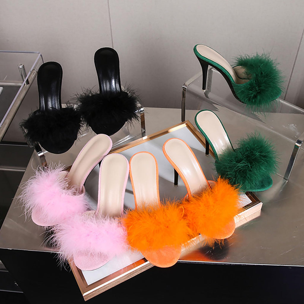 XHOGNLS Women's Feather Stiletto Prom Sandals Sexy Round Toe Fluffy Fur Feather Super High Heels Slip On Party Mules Fluff Slides For Evening Wedding Dress (Orange,7)