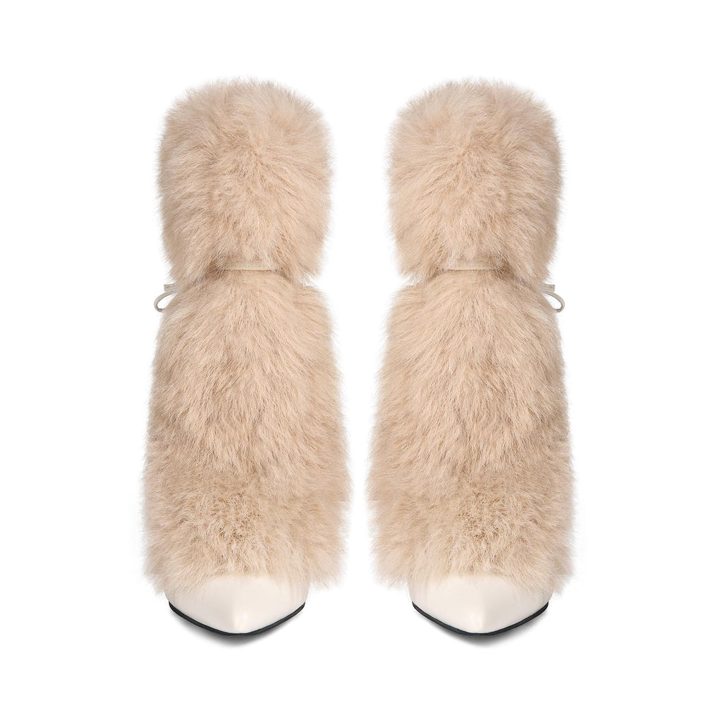 Maiosfy Furry Pointed Stiletto Heels with Straps Large Size Ankle Boots Heavy-Duty Soft Faux Fur Shoes Clubwear for Party Evening Footwear Unisex