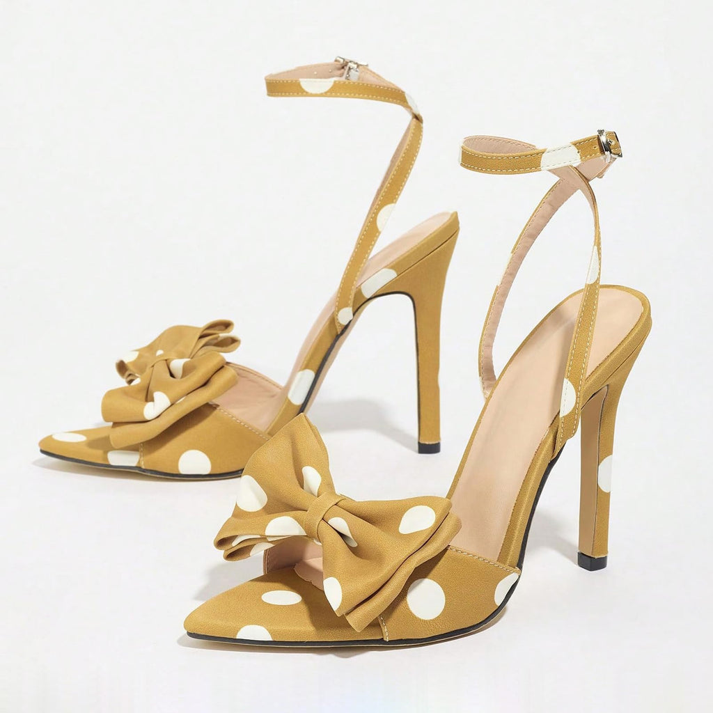 BGSMGISKD Women’s Polka Dot Bow Stiletto Heels Sandals Pointed Toe Adjust Ankle Strap Slingback Dress Sandals 3.94” High Heel Party Shoes for Wedding Prom Evening Wear (Yellow,8.5)