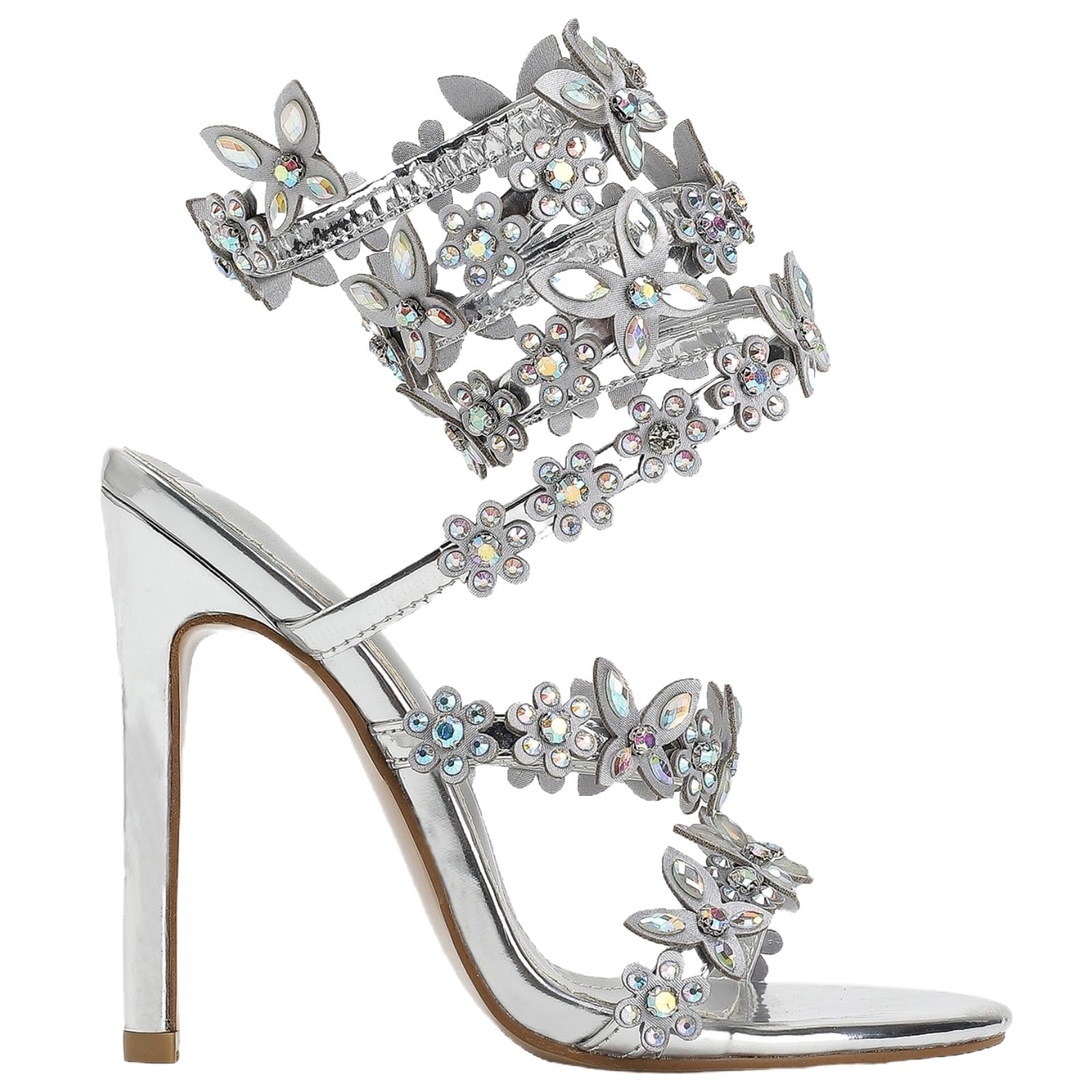 Rhineshell Women's Diamante High Heels Sparkly Spiral Wrap Up Strappy Heeled Sandals Round Open Toe Faux Leather Stilettos Rhinestones Studded Party Dress Shoes Silver