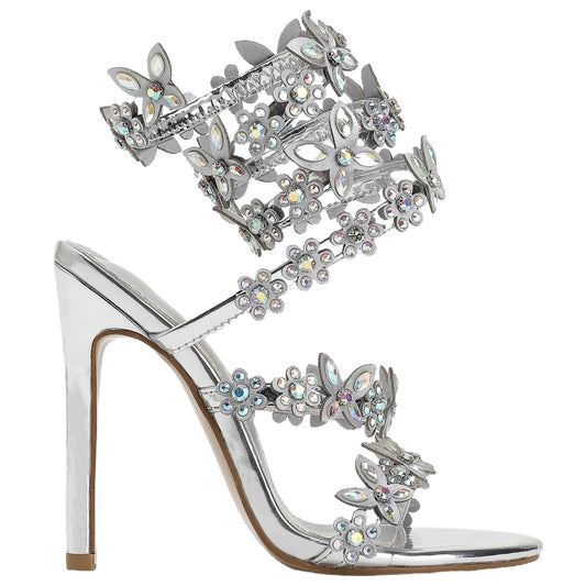 Rhineshell Women's Diamante High Heels Sparkly Spiral Wrap Up Strappy Heeled Sandals Round Open Toe Faux Leather Stilettos Rhinestones Studded Party Dress Shoes Silver Size 9