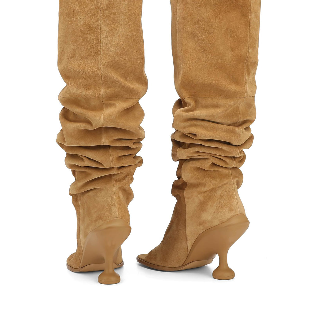 Kapxumo Women's Suede Knee High Boots Open Square Toe Pull On Slouchy Under the Knee Boots Wedge Heel Wide Calf Boots Fashion Dress Party Camel Boot