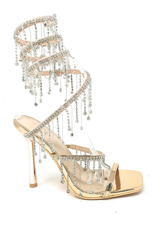 Wild Diva Women's Narala-51 Chandelier Embellished Rhinestone Spiral Coil Wrap Around Stiletto Heels (Rose Gold PU, US Footwear Size System, Adult, Women, Numeric, Medium, 8)