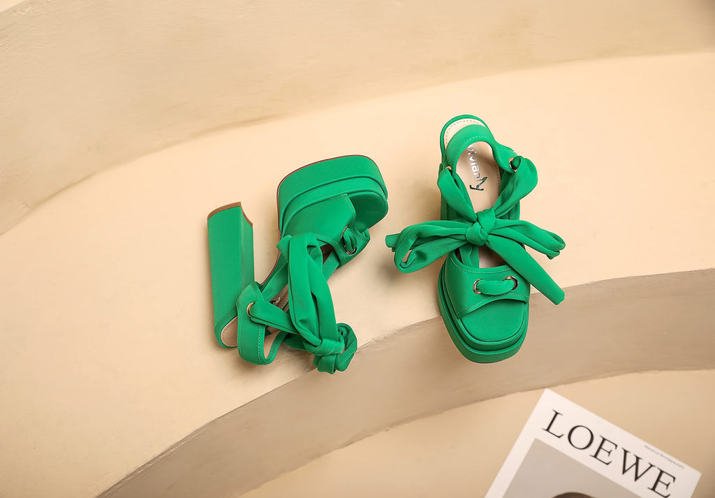 Green vivianly Lace Up Platform Ankle Strap Heeled Sandals Satin Square Toe Chunky Block High Heels for Women