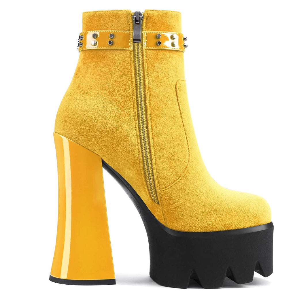 Aachcol Women Platform Ankle Boots Short Bootie Round Close Toe Chunky Block High Heel Suede Zipper Rivets Yellow 5.5 Inch