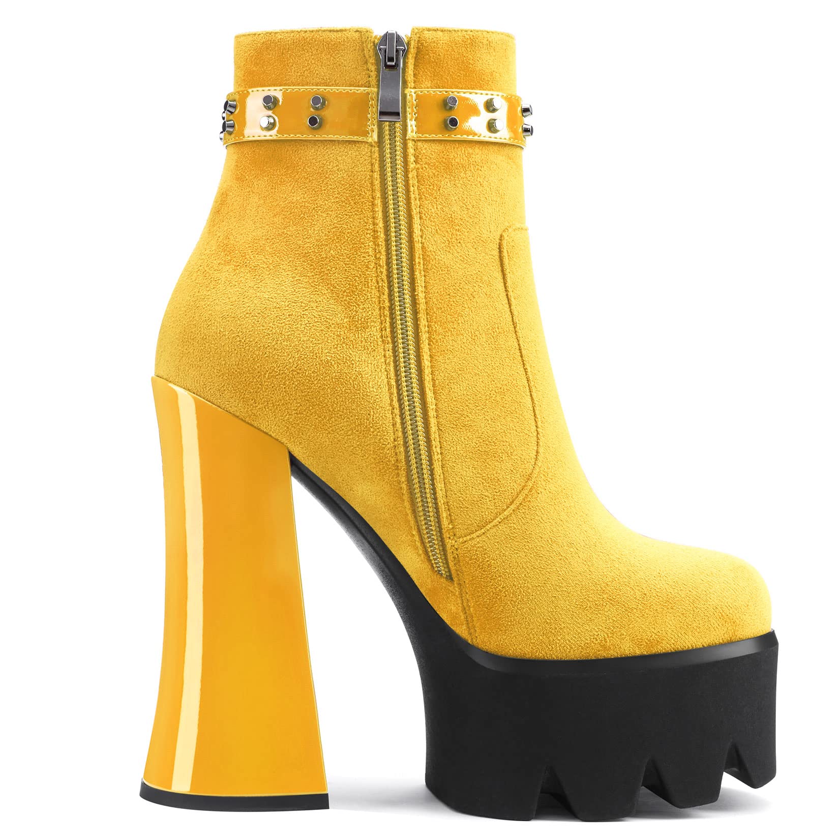 Aachcol Women Platform Ankle Boots Short Bootie Round Close Toe Chunky Block High Heel Suede Zipper Rivets Yellow 5.5 Inch