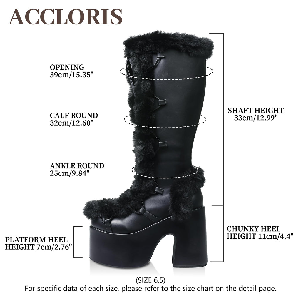 Accloris Black Platform Knee High Boots For Womens Warm Faux Fur Lace Up Side Zipper Chunky Heel Punk Goth Winter Snow Mid Calf Boots