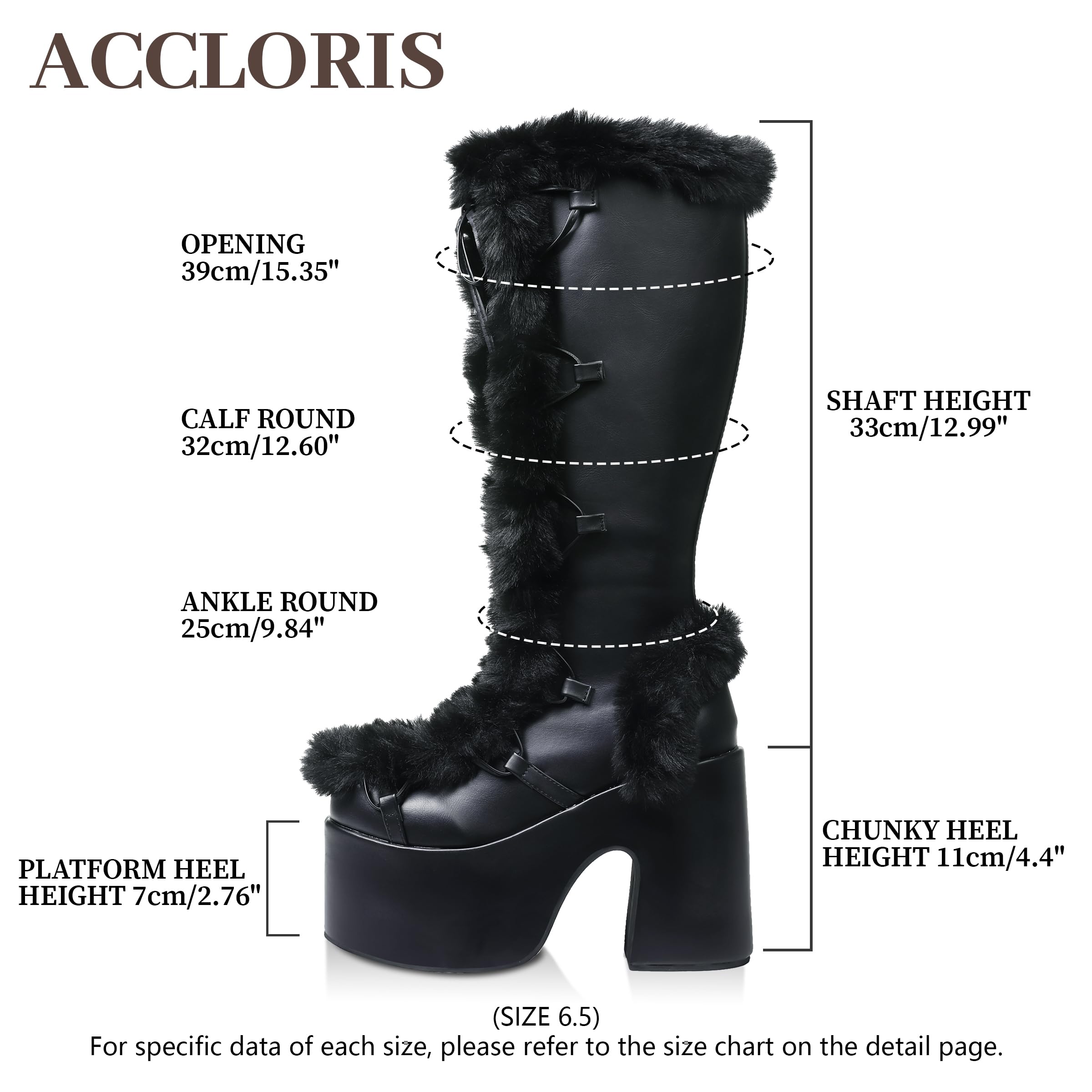 Accloris Black Platform Knee High Boots For Womens Warm Faux Fur Lace Up Side Zipper Chunky Heel Punk Goth Winter Snow Mid Calf Boots