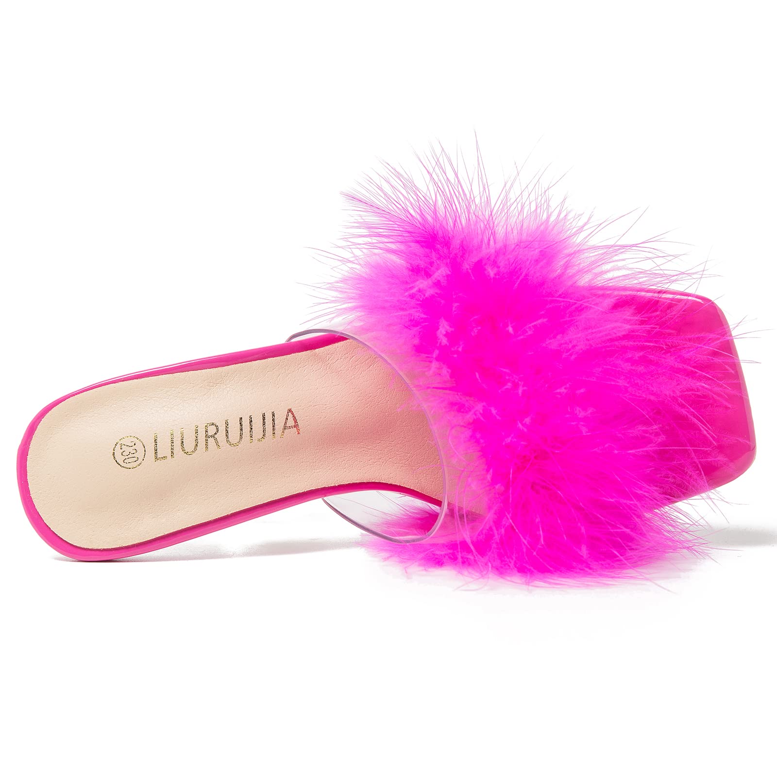 LIURUIJIA Women's Square Toe Feather Fluffy Fuzzy Heels High Heeled Dress Sandals Wedding Bridal Party Shoes Hot pink