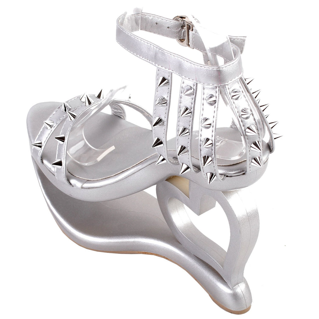 SHOW STORY Fashion Silver Stud Ankle Strap High Heel Platform Party Sandals,