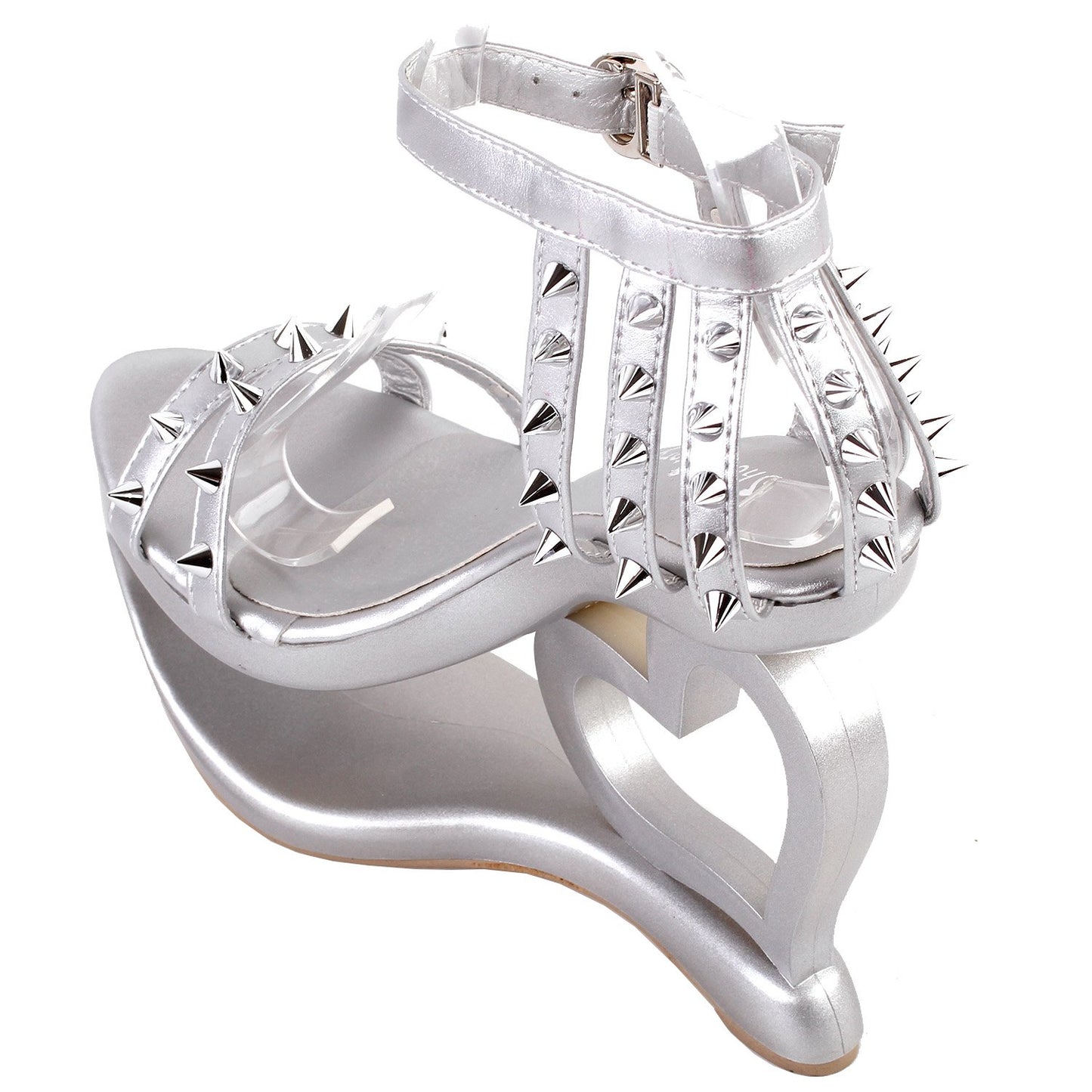 SHOW STORY Fashion Silver Stud Ankle Strap High Heel Platform Party Sandals,LF40204SV39,8US,Silver