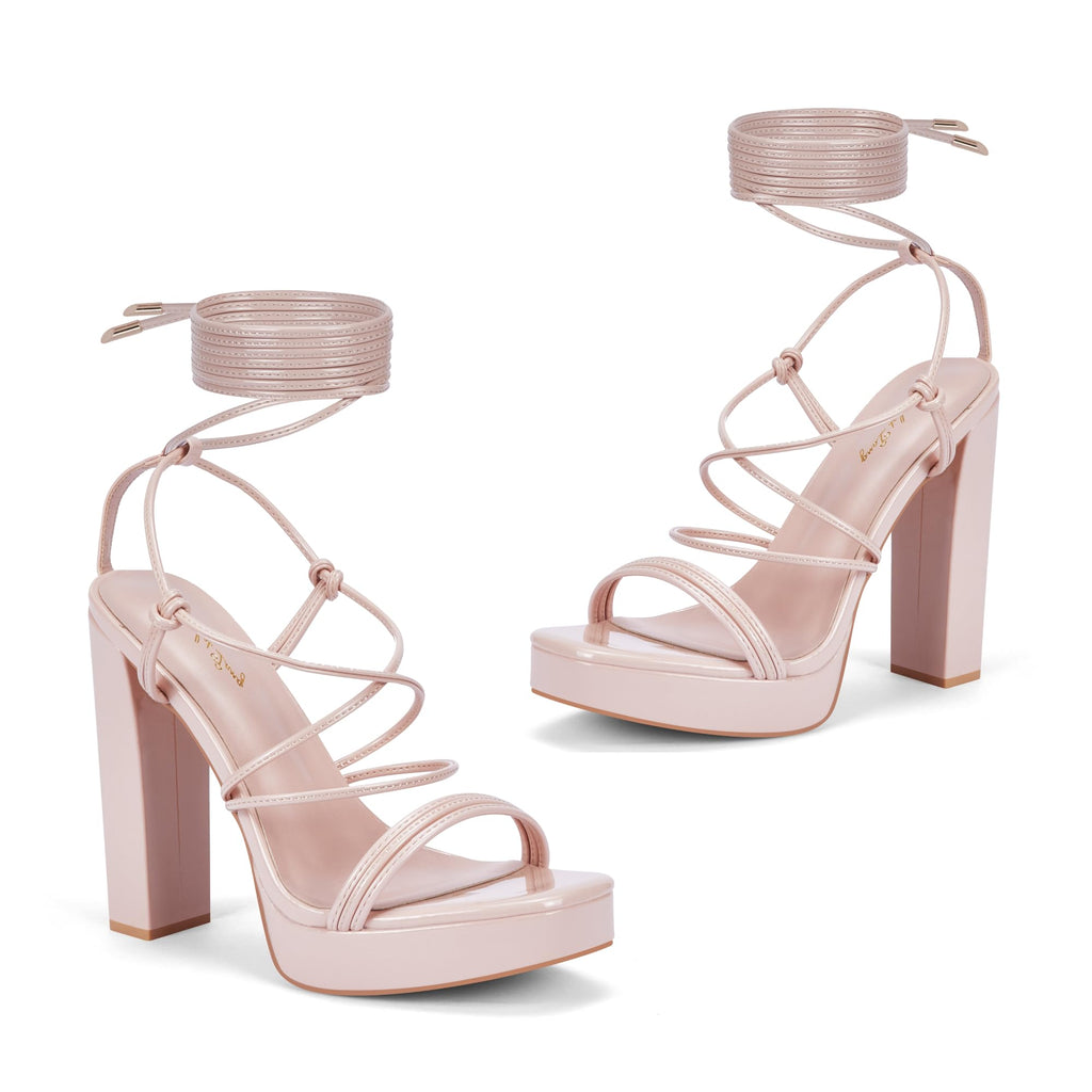 Elisabet Tang Women's Strappy Heeled Sandals, 5 inch Platform Heels Chunky Lace up High Heels Open Toe Party Shoes Nude Patent