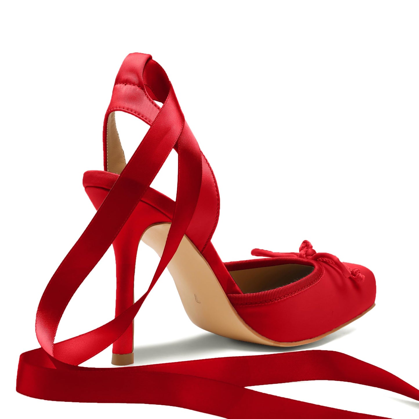 Riekhany Satin Ballet Heels for Women Closed Square Toe Bow Ballerina Heels Lace Up High Heel Slingback Pumps Strappy Stiletto Mary Janes Elegant Party Shoes Red