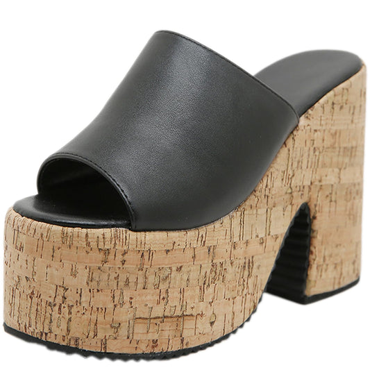 ADKGBE Women's Cork Platform Open Round Toe High Chunky Heel Mules Sandals Sexy Backless Comfortable Slip On Non-slip Dress Summer High Heel Sandals fot Party Dance Wedding Shoes (black,8)