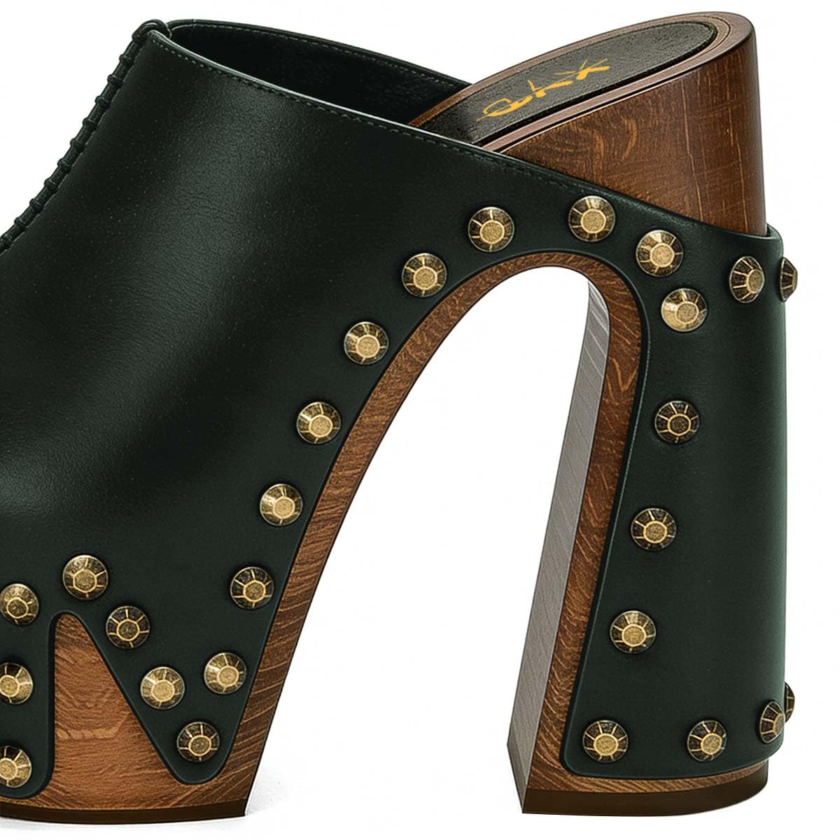XYD Women Wooden Chunky Heel Mules Platform Bronzed Studs Open Toe Block Sandals Vintage Parties Shoes (Size 7.5, Dark Green)