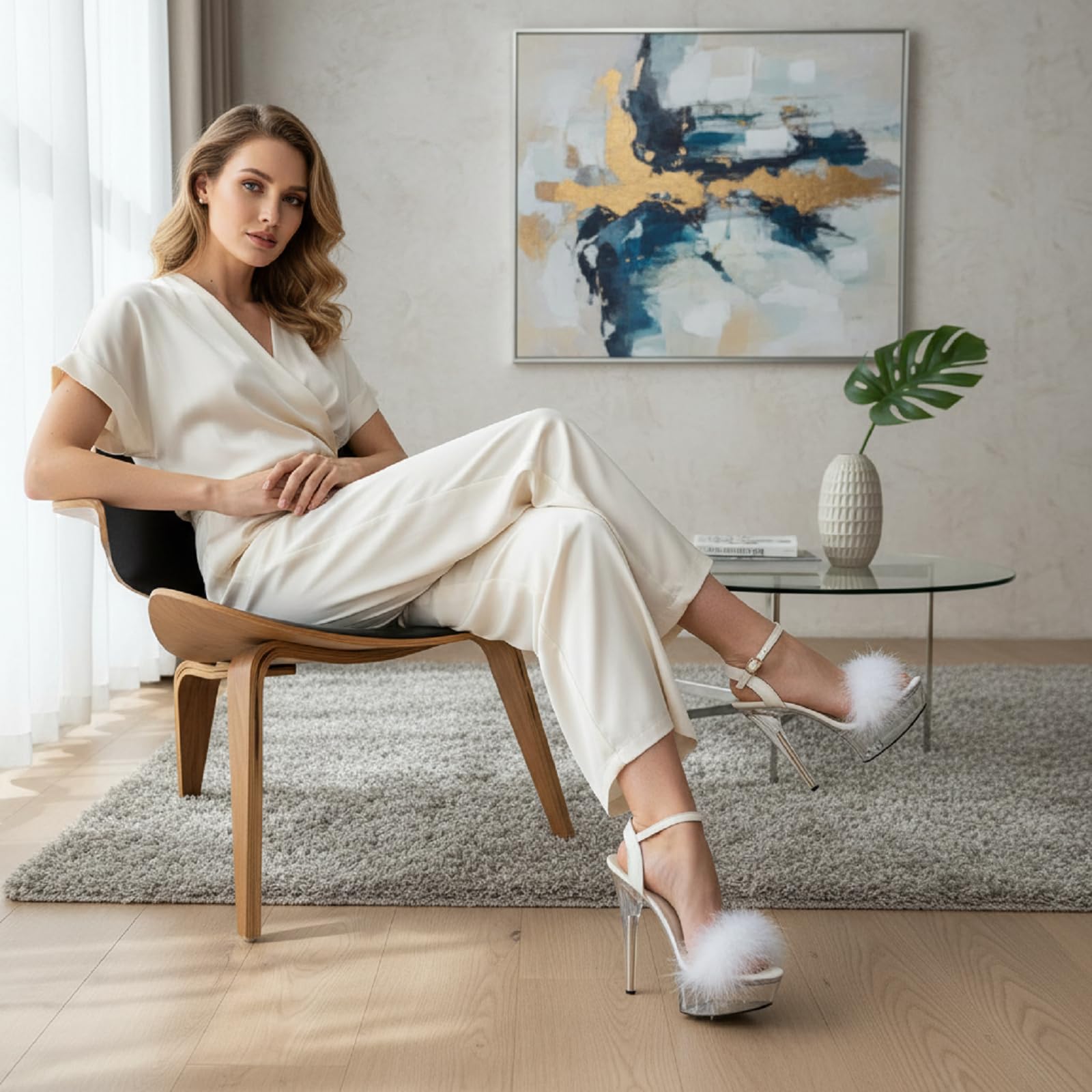 Baffoloo Women's Clear Platform Stiletto Fuzzy High-heeled Sexy Heels for Pole Dancing Heels Sandals White