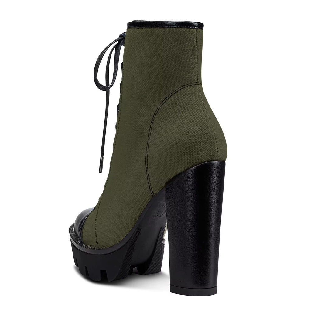 NobleOnly Women High Heel Platform Round Toe Ankle Boots Short Bootie Zipper Lace-up Riding Boots Classic Party Office 5.1 Inches Heels Green