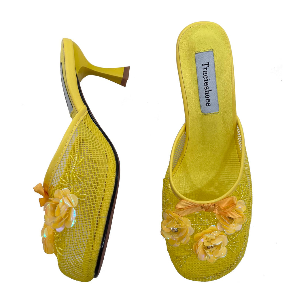 Tracieshoes Women's Mesh Mule Slip On Sandals With Floral Sequin Embellishments Round Toe Middle 2.5 Inch Heel Slides Slippers Yellow