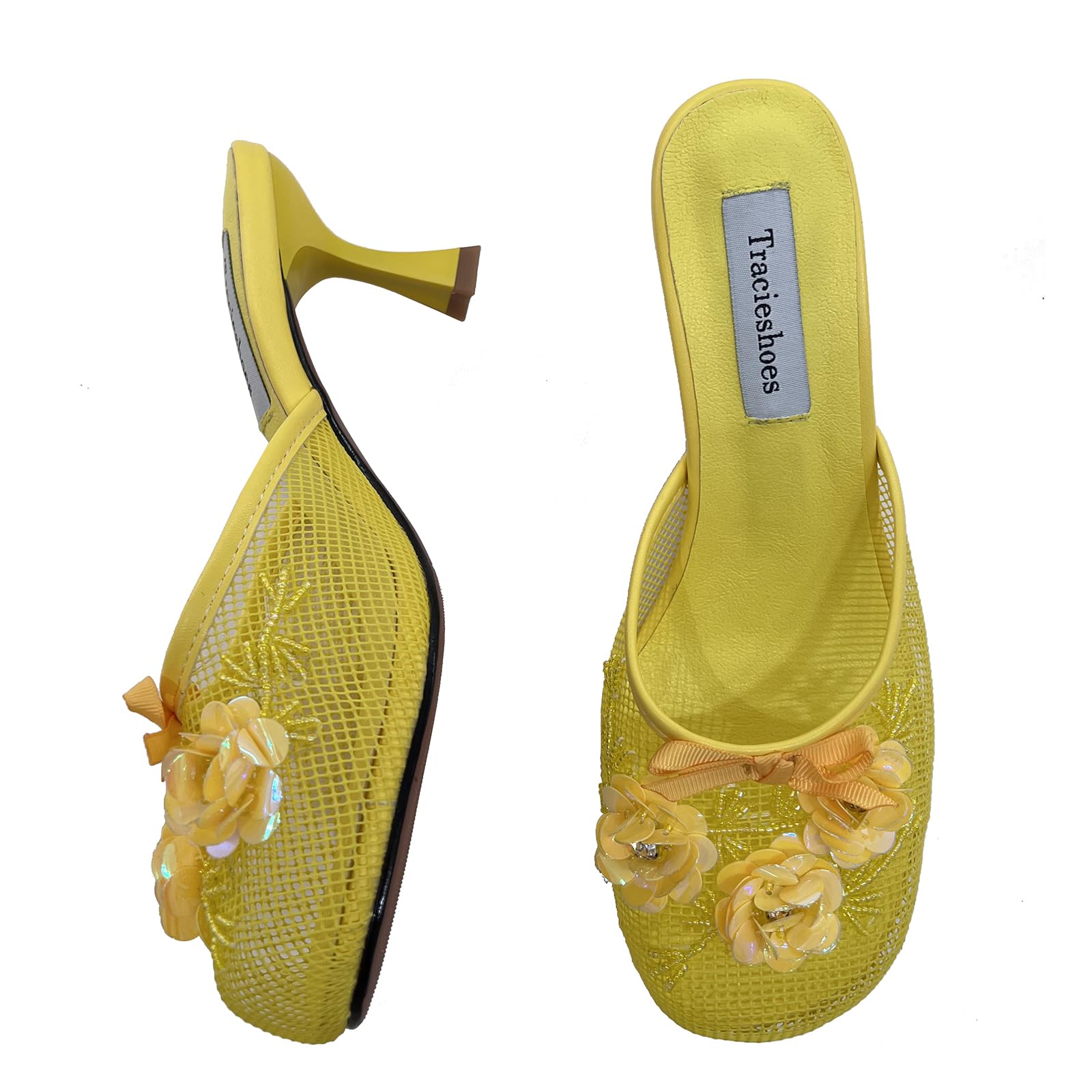 Tracieshoes Women's Mesh Mule Slip On Sandals With Floral Sequin Embellishments Round Toe Middle 2.5 Inch Heel Slides Slippers Yellow
