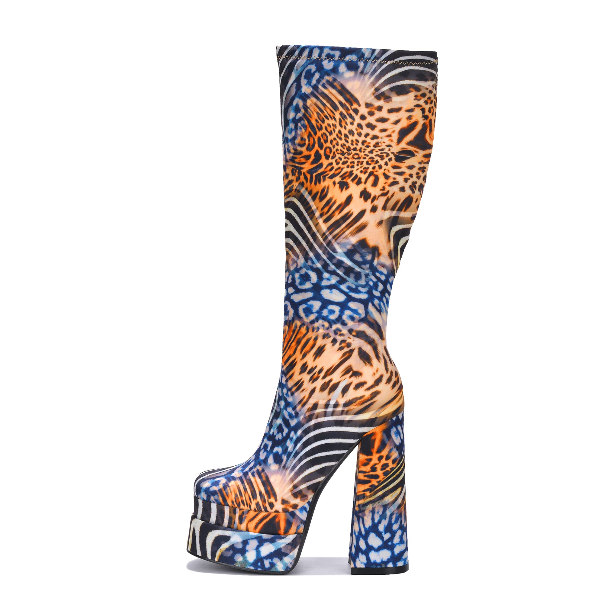 Cape Robbin Prisma Mid Calf Platform Boots, Square Toe Knee High Chunky Block Heel, Fashion Dress Boots for Women - Animal Print