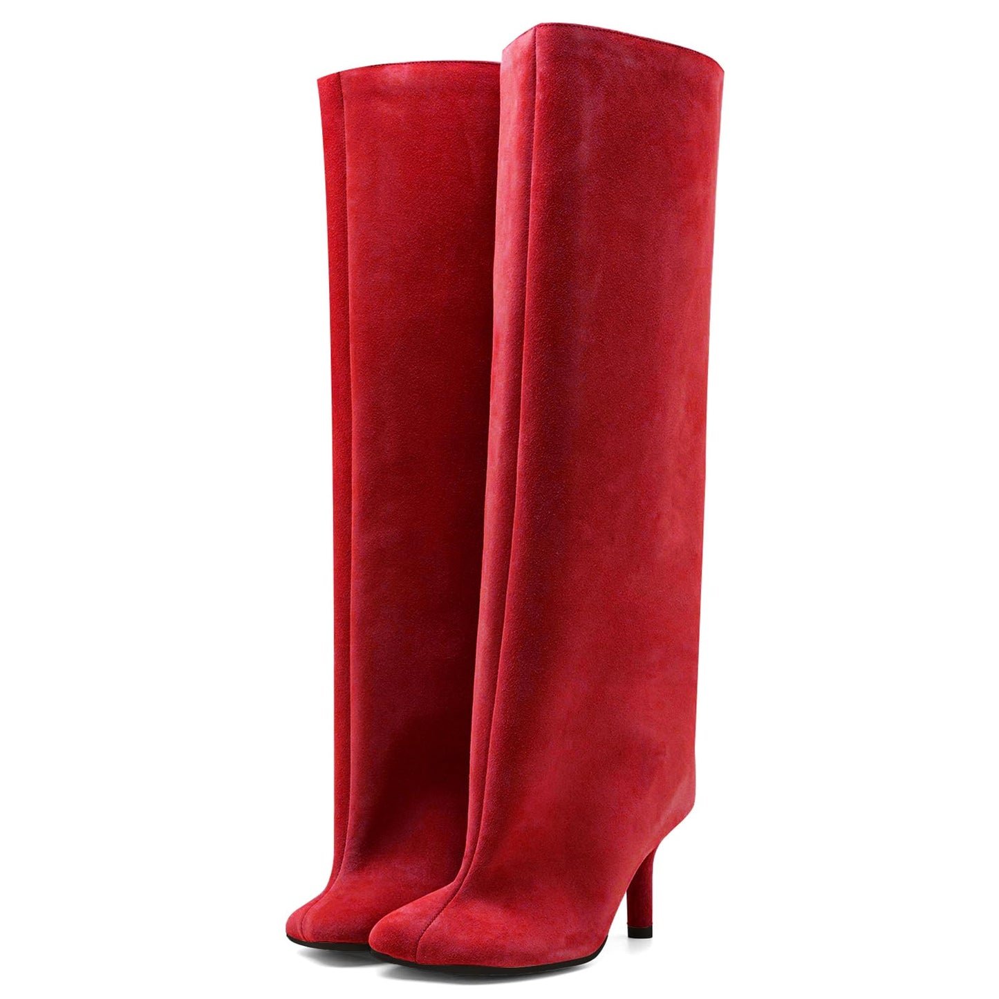 VOZTOLLS Knee High Boots Women Square Toe Kitten Heel Tall Boots Suede Wide Calf Pull-on Comfortable Fashion Dress Heeled Long Boots Red Size 7