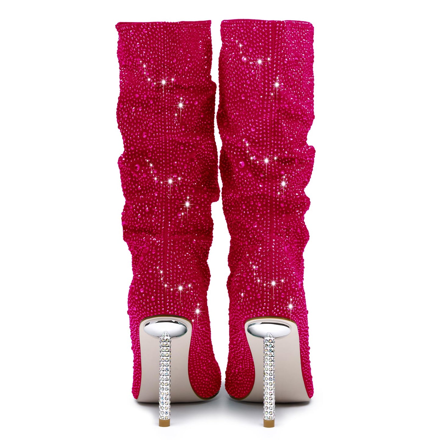 Women's Fuchsia Denim Mid Calf Boots sparkly Rhinestone Stiletto Heel Boots Western Wide Calf Short Cowboy Boots Sexy Pointed Toe dress Party Boots