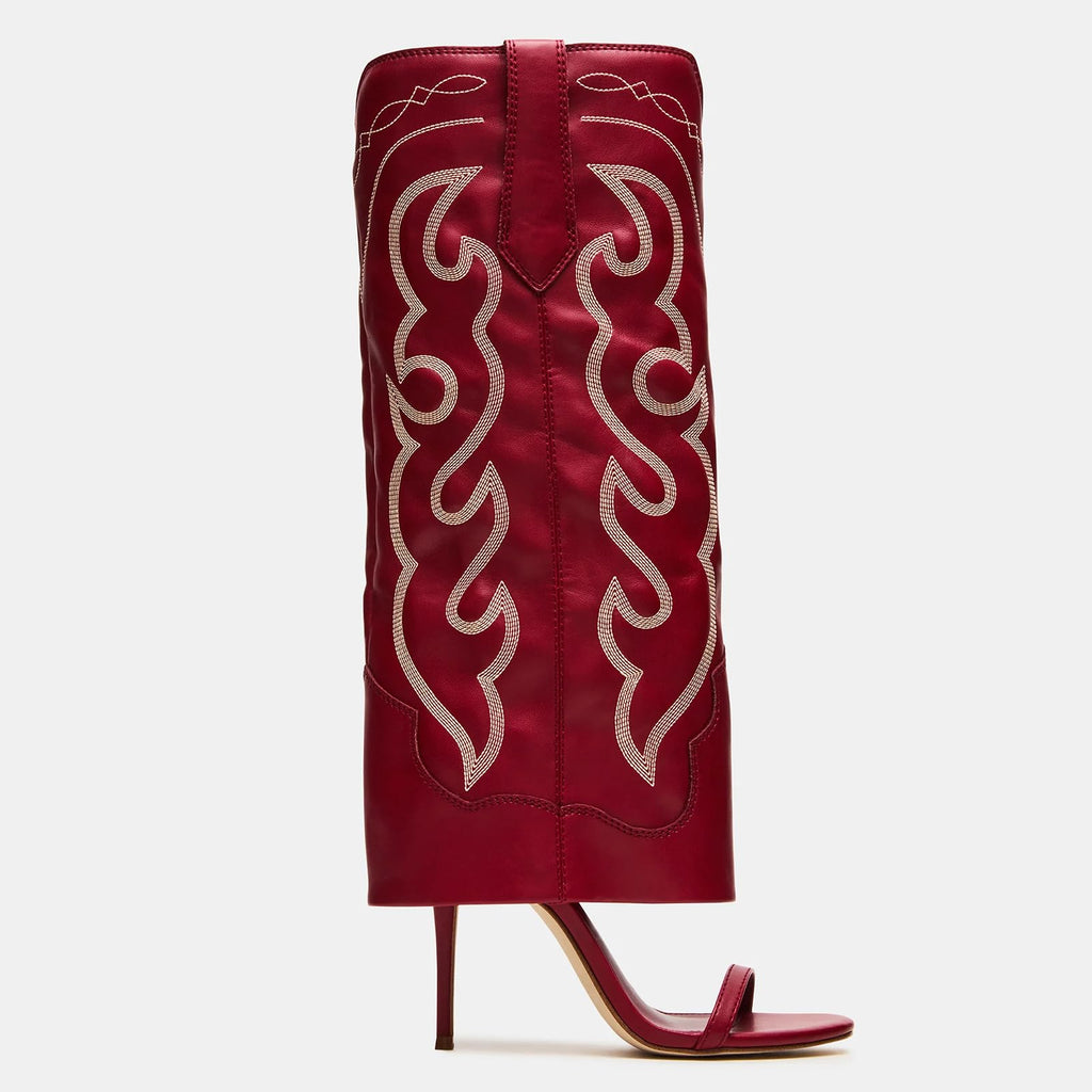 Yishaweiqi Embroidered Knee High Heels for Women Round Open Toe Stiletto Heels Pull On Wide Calf Sandals