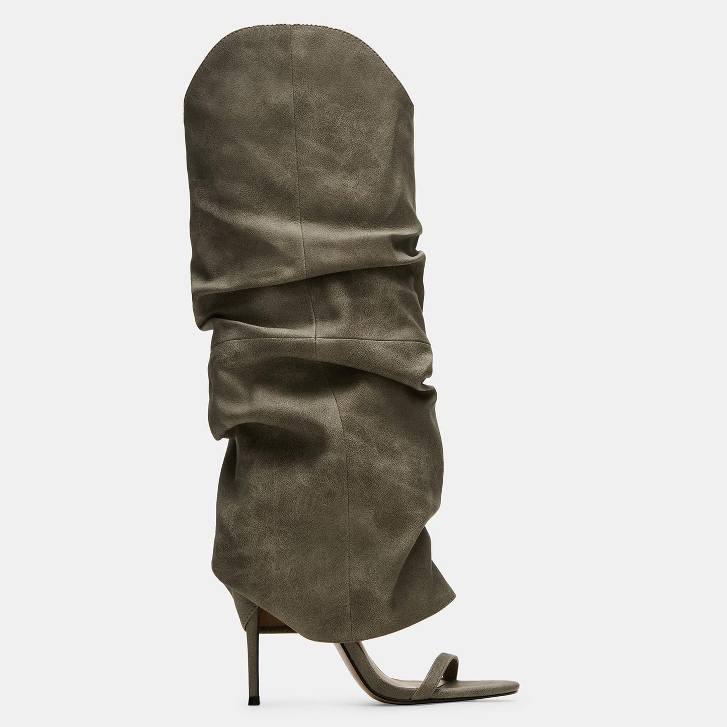 Yishaweiqi Slouched Ruched Knee High Heels for Women Round Open Toe Stiletto Heels Pull On Wide Calf Sandals