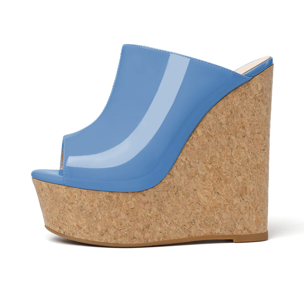 SAMMITOP Women's Platform Wedge Open Toe Sandals,Ladies Slip On Wedge Mule Shoes Blue