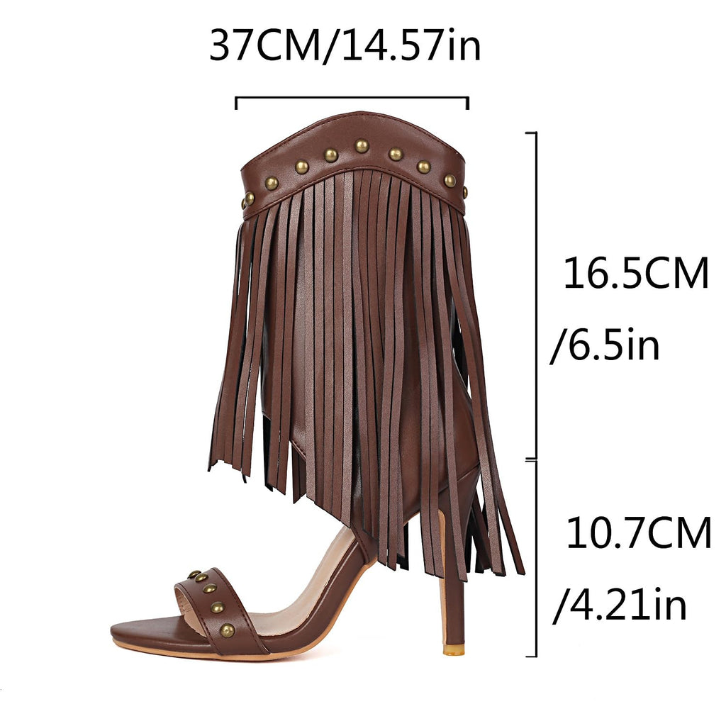 Rhineshell Women's Fringed High Heels Side Zipper Ankle Sandal Boots Studded Heeled Sandals Tassels Round Open Toe Stilettos Faux Leather Zip Up Party Dress Shoes Dark Brown Size 7