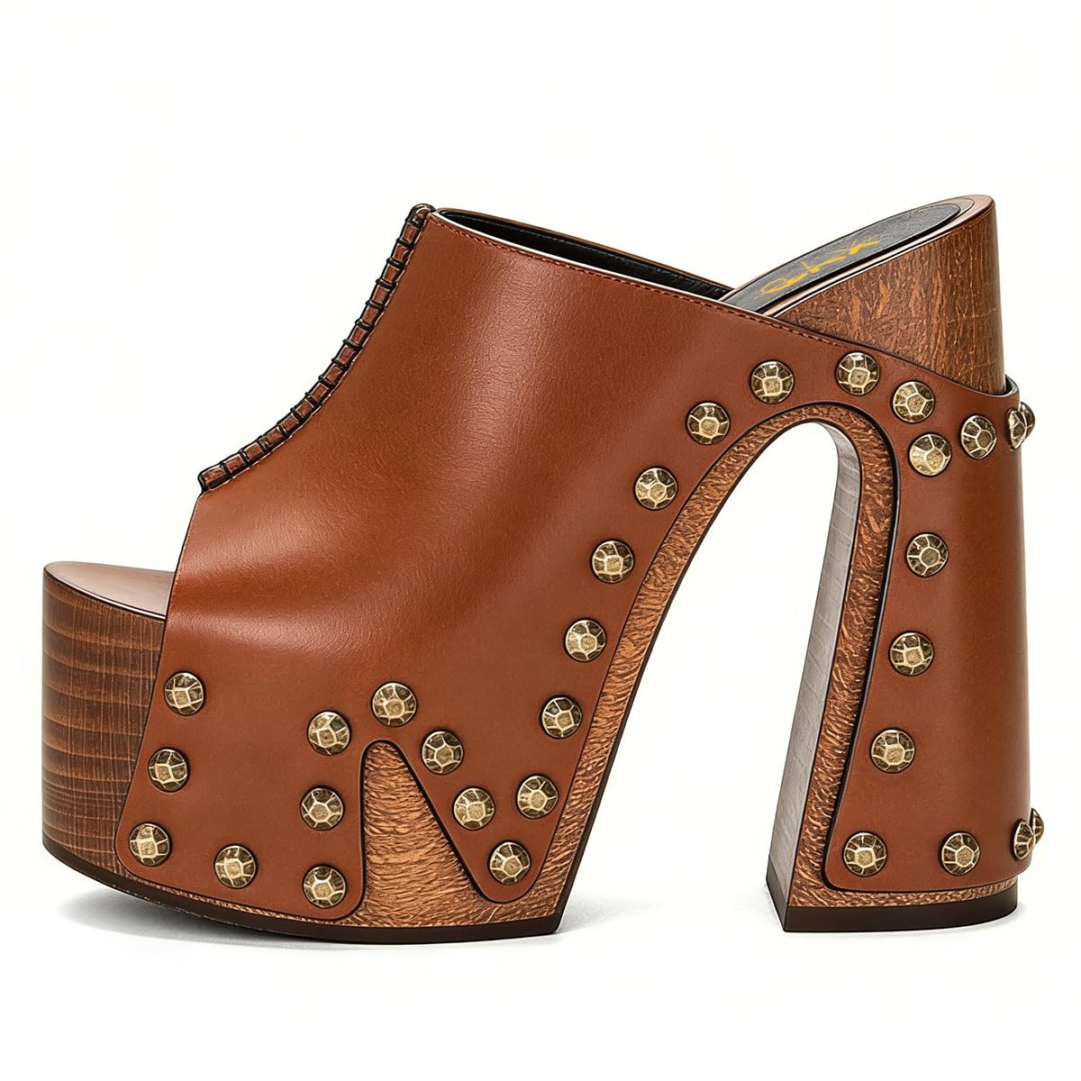XYD Women Wooden Chunky Heel Mules Platform Bronzed Studs Open Toe Block Sandals Vintage Parties Shoes (Size 7.5, Brown)