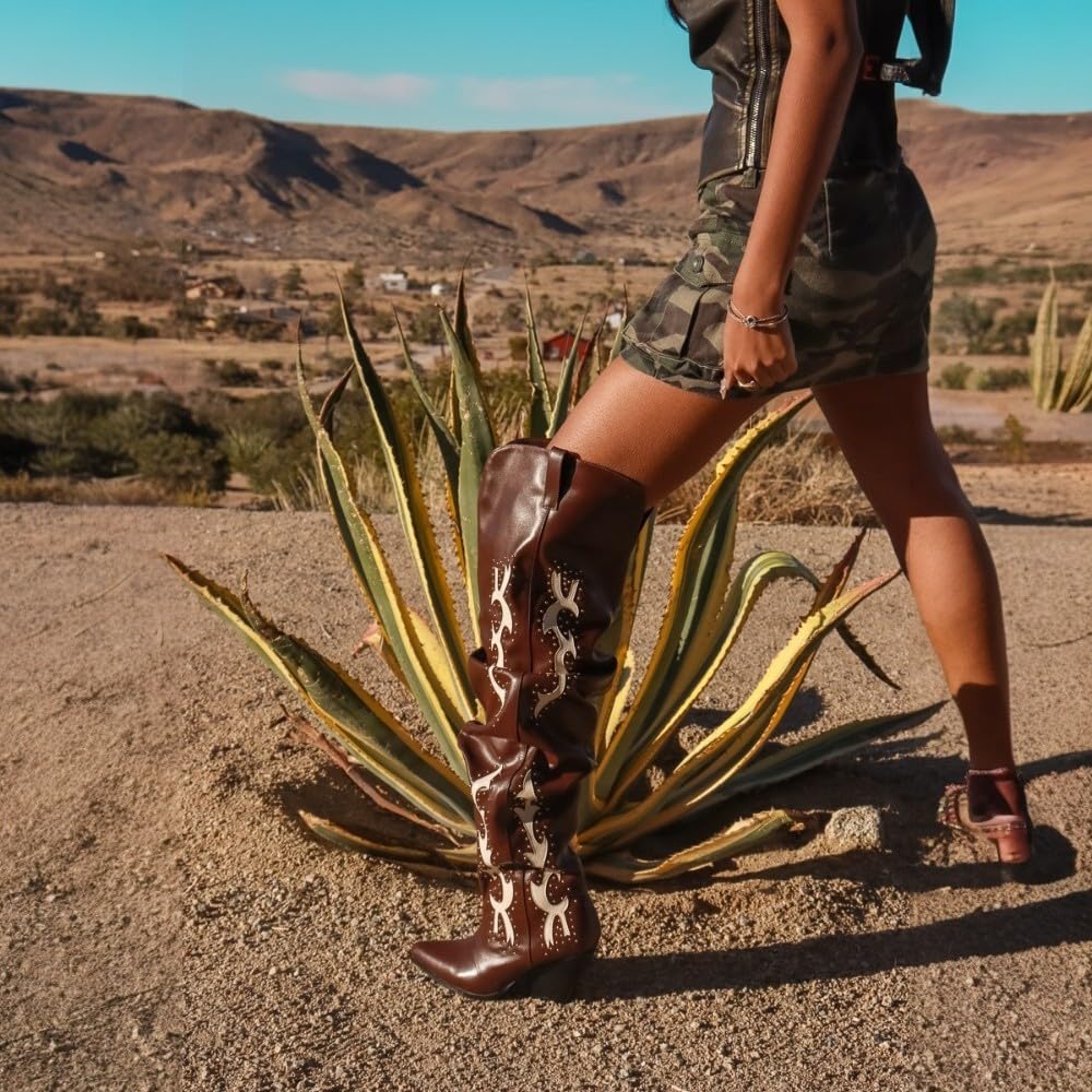 LEMONADE Women Over the Knee Thigh High Cowboy Boots, Chunky Block Heel Studded Slouch Cowgirl Western Boots Sending West Brown 9