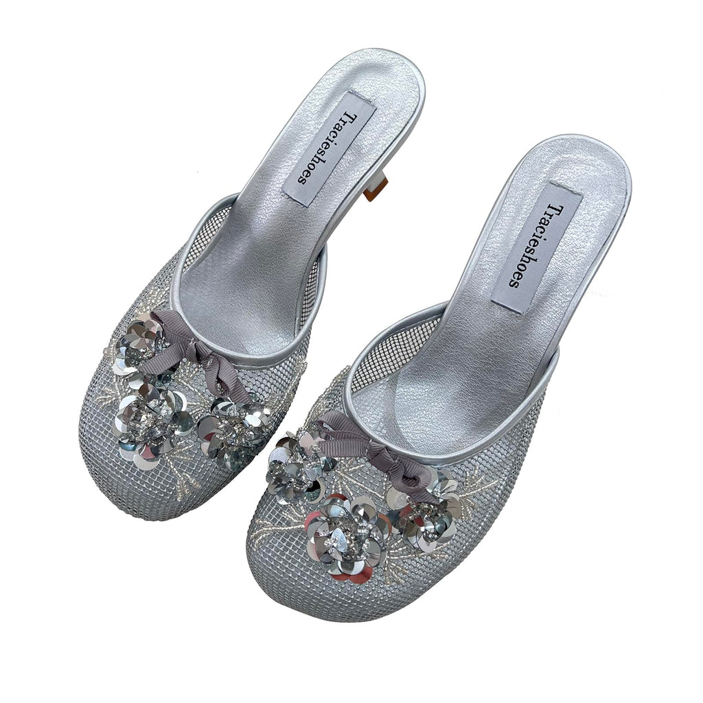 Tracieshoes Women's Mesh Mule Slip On Sandals With Floral Sequin Embellishments Round Toe Middle 2.5 Inch Heel Slides Slippers Silver