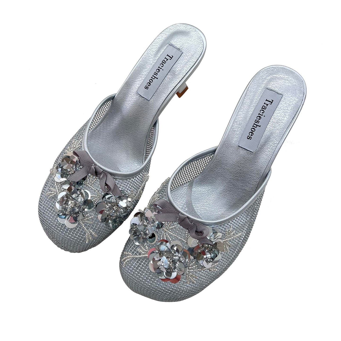 Tracieshoes Women's Mesh Mule Slip On Sandals With Floral Sequin Embellishments Round Toe Middle 2.5 Inch Heel Slides Slippers Silver