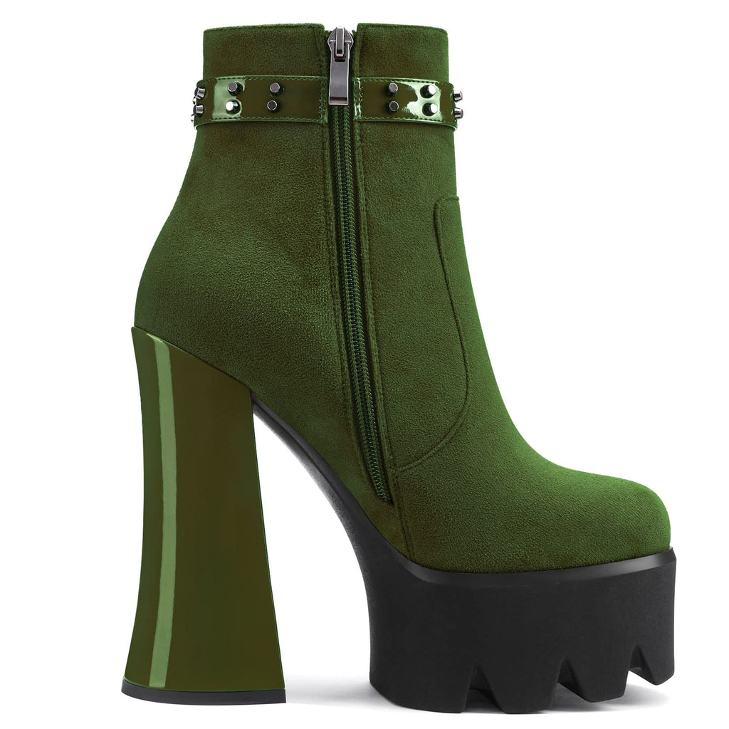 Aachcol Women Platform Ankle Boots Short Bootie Round Close Toe Chunky Block High Heel Suede Zipper Rivets Olive Green 5.5 Inch