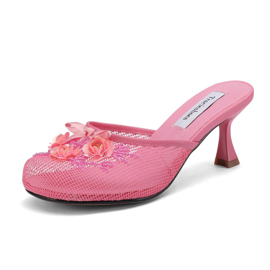 Tracieshoes Women's Mesh Mule Slip On Sandals With Floral Sequin Embellishments Round Toe Middle 2.5 Inch Heel Slides Slippers Pink