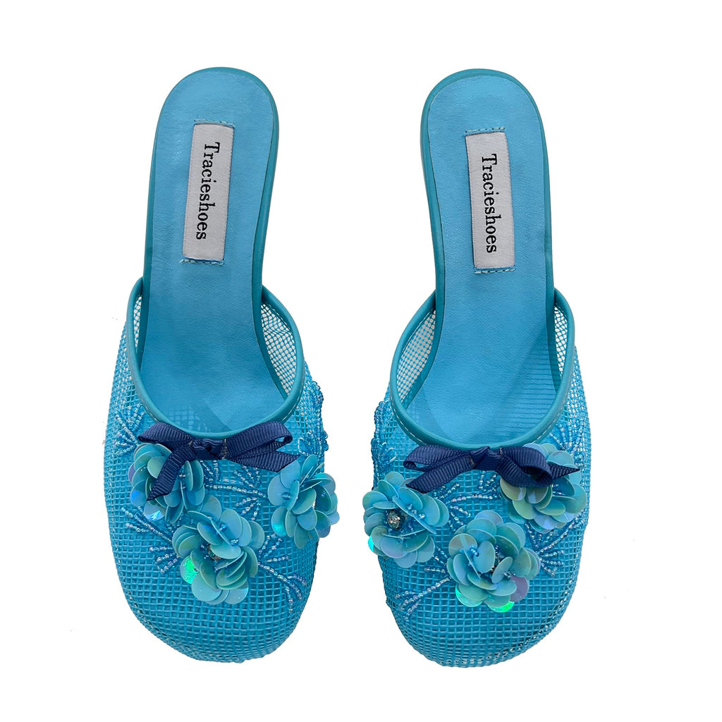 Tracieshoes Women's Mesh Mule Slip On Sandals With Floral Sequin Embellishments Round Toe Middle 2.5 Inch Heel Slides Slippers Blue