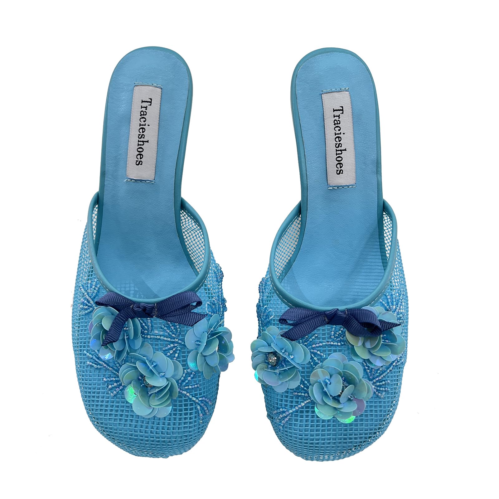 Tracieshoes Women's Mesh Mule Slip On Sandals With Floral Sequin Embellishments Round Toe Middle 2.5 Inch Heel Slides Slippers Blue