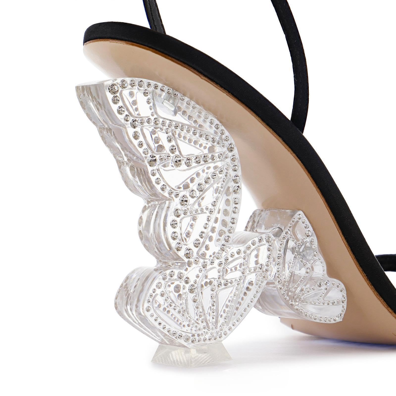 Longwenxuan Glitter Rhinestone Furry Lace Up Butterfly Stilletos Heels Sandals for Women,Women's Open Pointed High Heels Strappy Sandals Adjustable Ankle Strap Buckles Elegant Wedding Sandals Dress