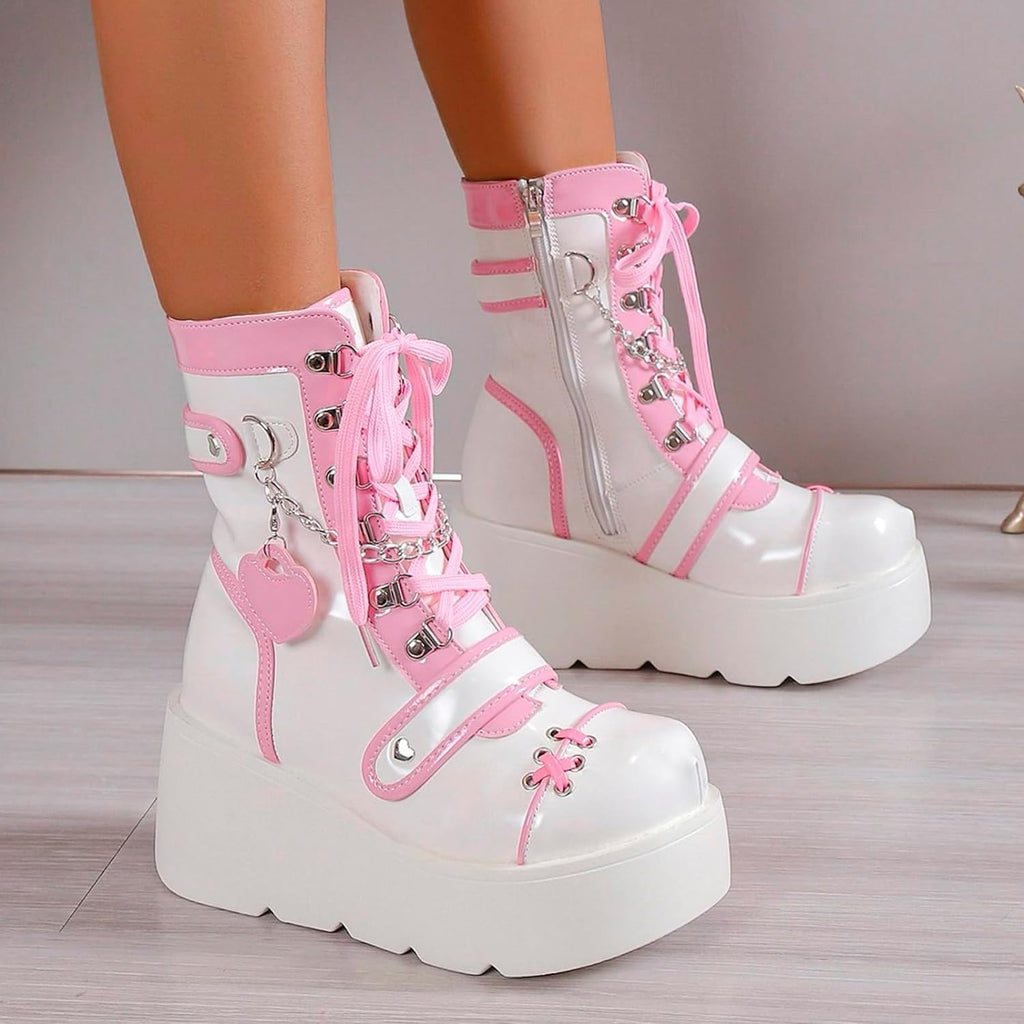XYKHUI Goth Platform Buckle Boots for Women's Chunky High Heel Lace Up Punk Motorcycle Combat Boots with Chain Pink