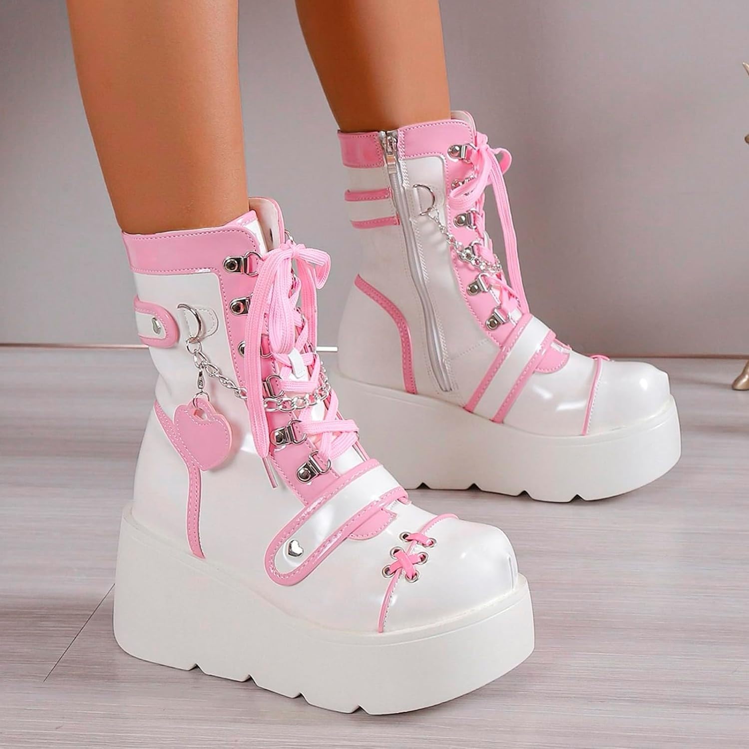 XYKHUI Goth Platform Buckle Boots for Women's Chunky High Heel Lace Up Punk Motorcycle Combat Boots with Chain Pink