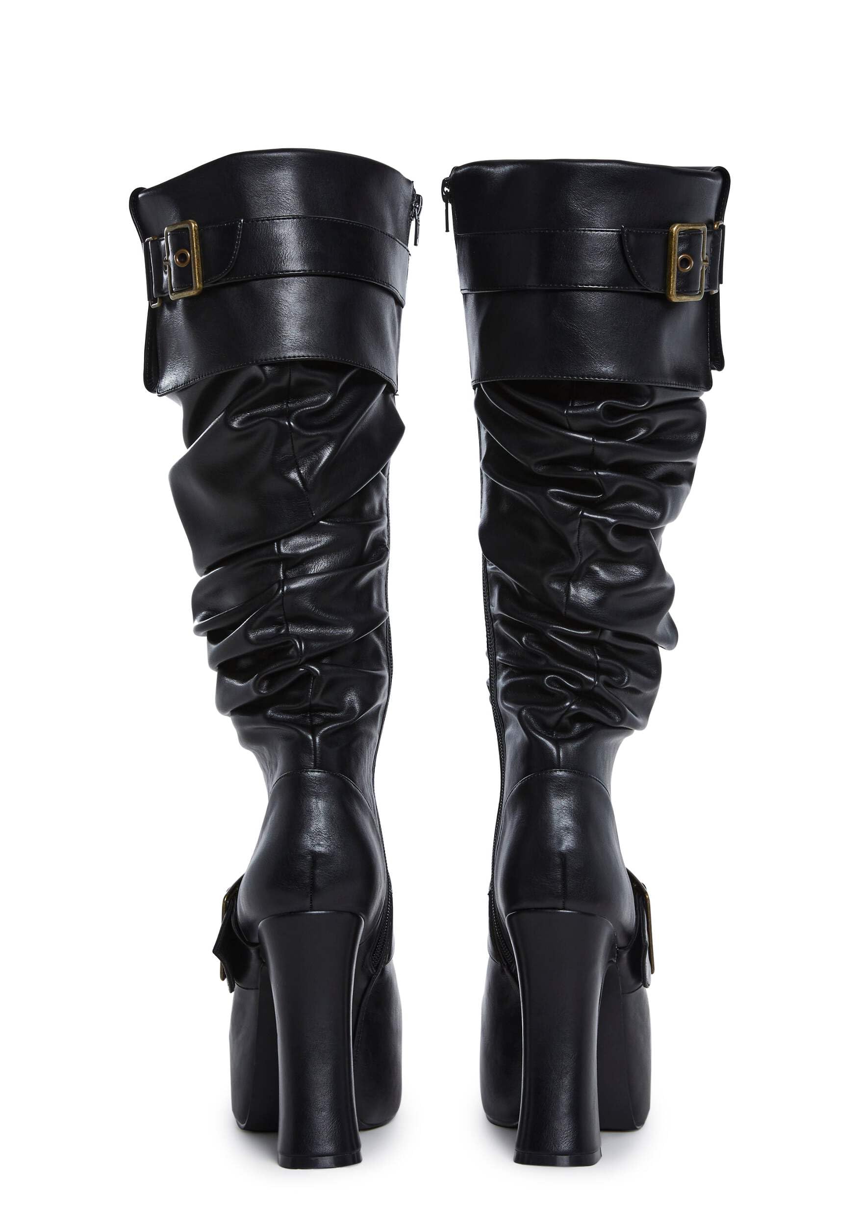 Dolls Kill Ren Faire Plat. Slouchy Boot by Trickz N’ Treatz – Women’s Vegan Leather Platform Boots with Buckles, Black, 10