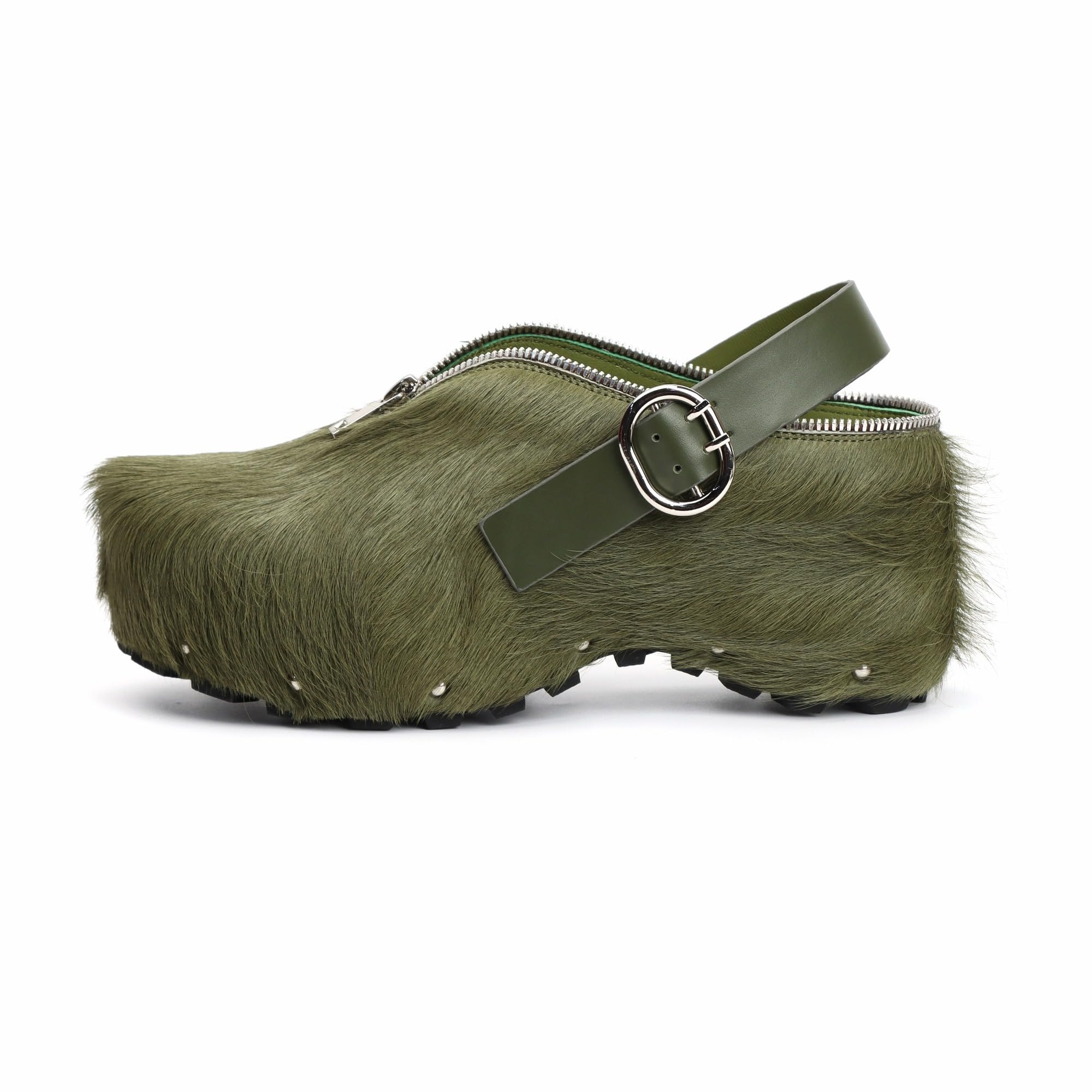 XOBZJH Women’s Natural Cow Print Fur Platform Clogs with Decorative Zipper & Adjustable Buckle Strap – Western Slip-On Punk Rivet Mules with Arch Support, Chunky Retro Rustic Style