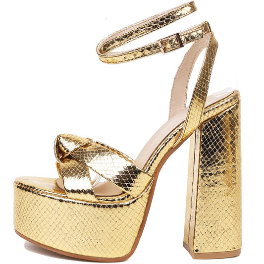 YIYA Women's Gold Metallic Platform Chunky Heeled Sandals Open Round Toe Strappy Heels Ankle Strap Wedding Party Dress Shoes