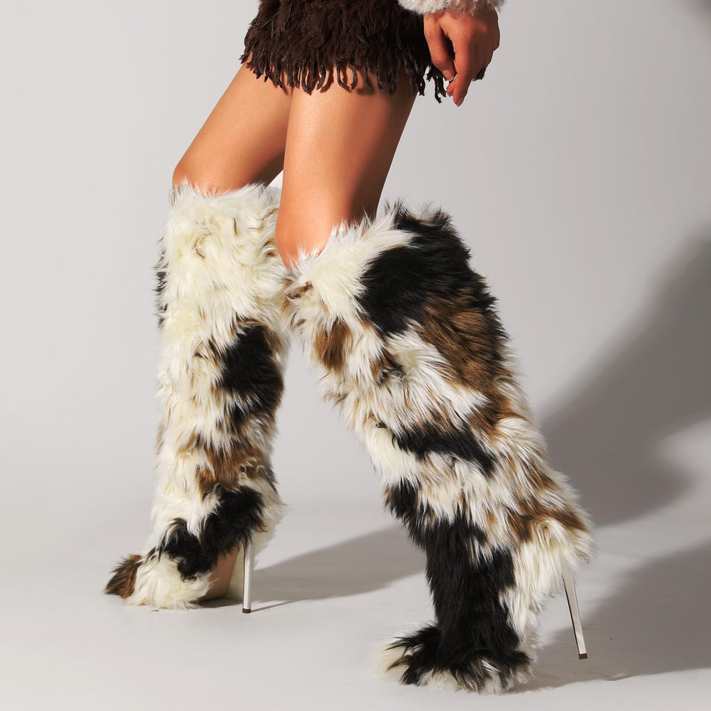 FancyQueen Faux Fur Boots for Women Knee High Furry Heel Boots Fashion Pointed Toe Snow Winter Boot Warm Women Boot