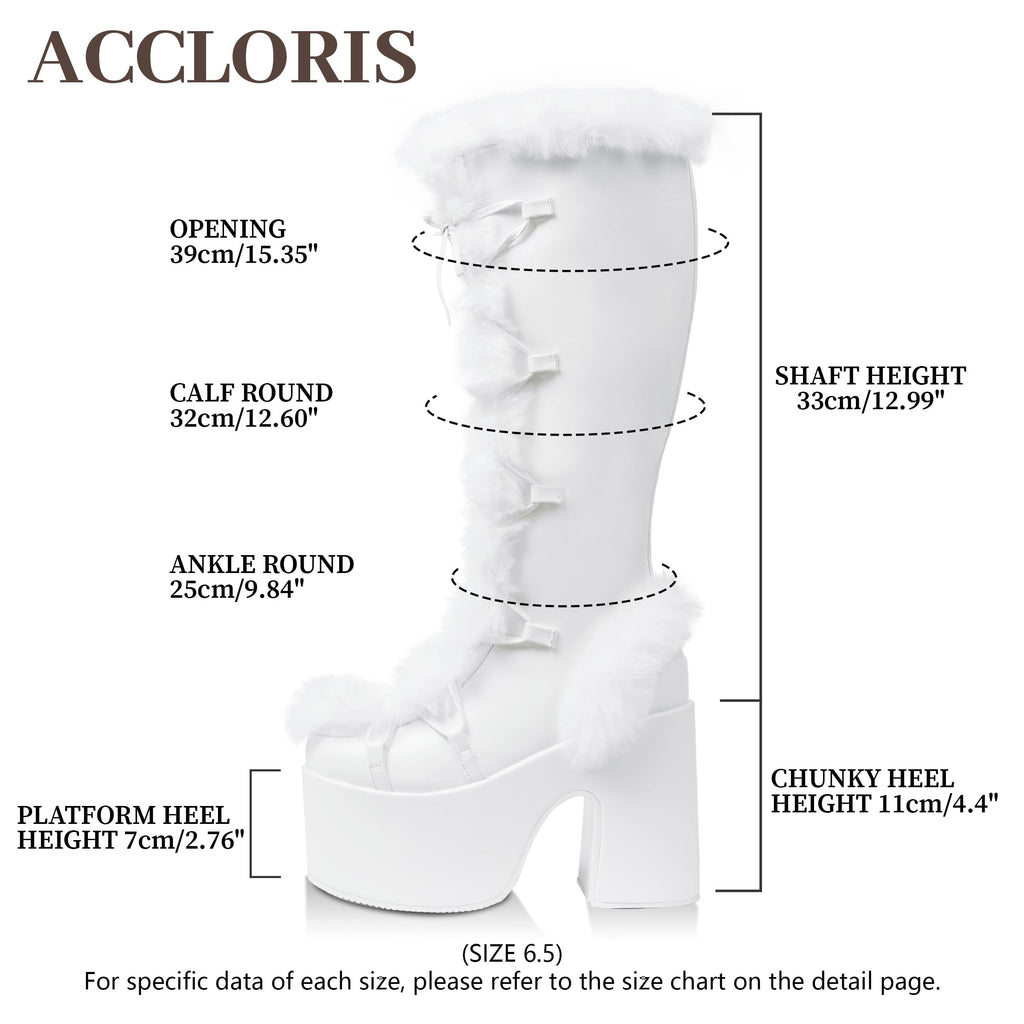 Accloris White Platform Knee High Boots For Womens Warm Faux Fur Lace Up Side Zipper Chunky Heel Punk Goth Winter Snow Mid Calf Boots